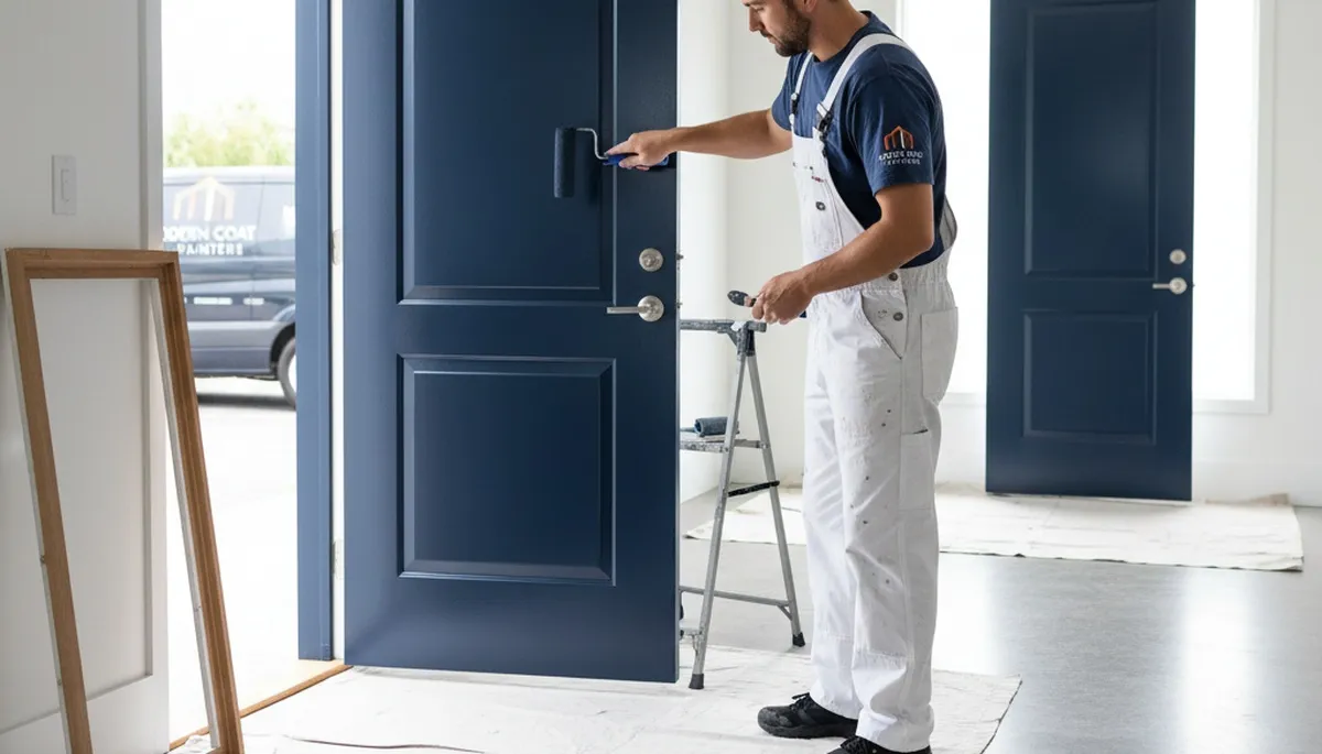 Professional door painting service in Durham, NC showing freshly refinished front entry door