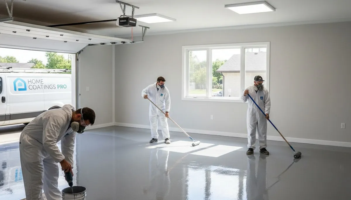Durham NC epoxy floor coating in garage by professional house painters showing smooth durable finish