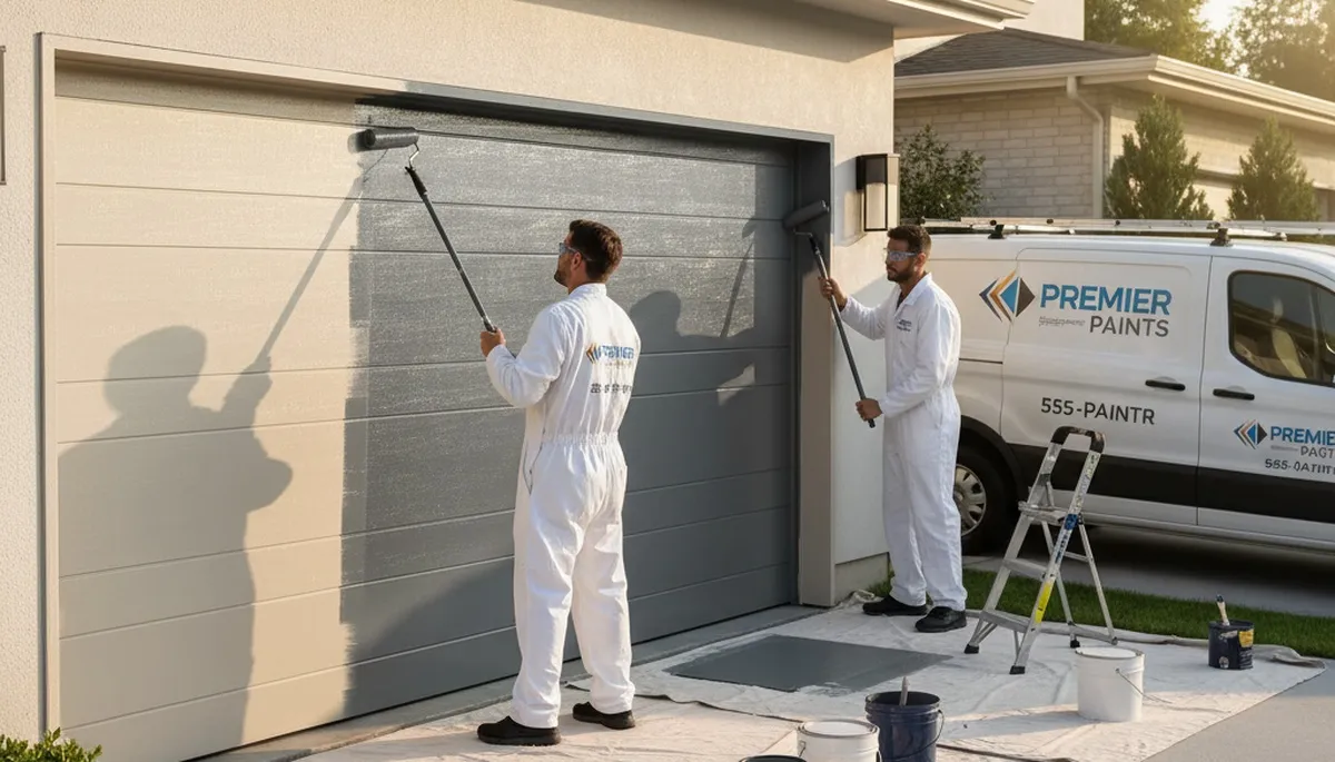 Professional painters refinishing a garage door in Durham, NC for a durable, weather-resistant finish