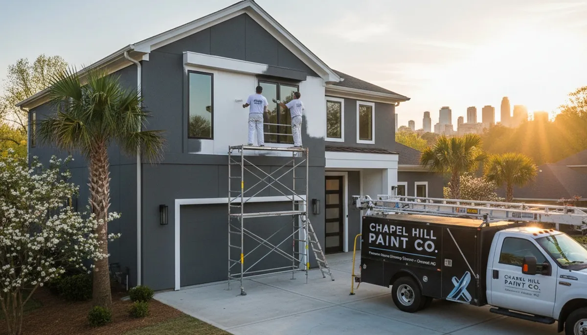 Professional house painters working on exterior home in Durham, NC